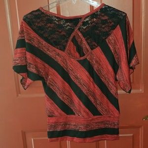 IZ Byer Juniors Top Red Black Silver Lace Size Med
